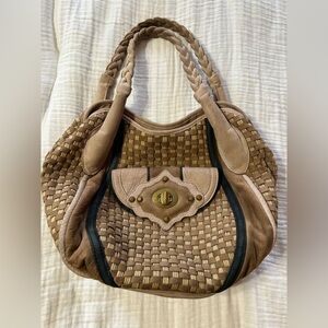 Isabella Fiore Basket Weave Brown Tan Leather Hobo Bag